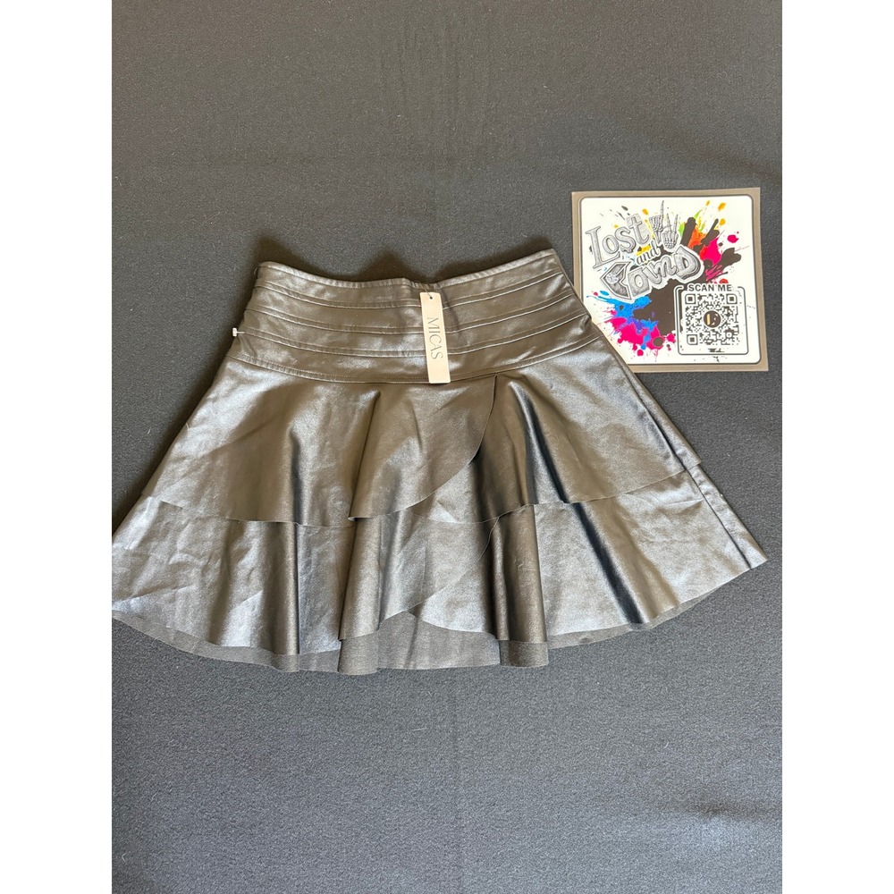 MICAS Faux Leather Tiered Ruffle‎ Mini Skirt Womens Medium Metallic Grey NWT